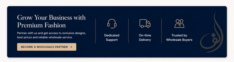 A promotional banner for wholesale fashion, featuring a dark navy background with white and gold text and icons highlighting dedicated support, on-time delivery, and trust by wholesale buyers.